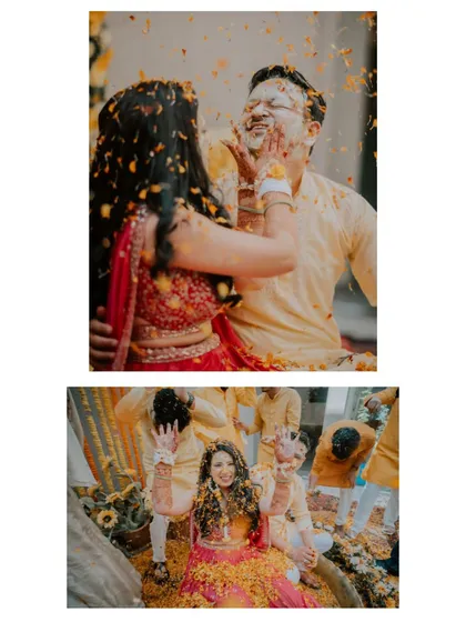 A collage showing the bride playfully applying haldi to the groom, and a wider shot of the celebrations.