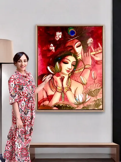 This large canvas captures the eternal embrace of Radha and Krishna, a central theme in my work. I used a palette of passionate reds and soft golds to reflect a love that is both deep and serene, making it a perfect centerpiece for a space dedicated to love and devotion.