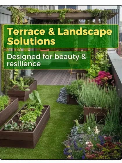Our terrace and landscape solutions are designed for both beauty and resilience. This rooftop garden uses raised beds for herbs and vegetables, creating a functional and beautiful space for urban farming.