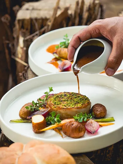 A beautifully plated main course featuring stuffed turkey breast with a sage and pistachio crust. This dish, part of our festive menu, demonstrates our expertise in creating sophisticated, restaurant-quality meals for sit-down dinners and exclusive events.