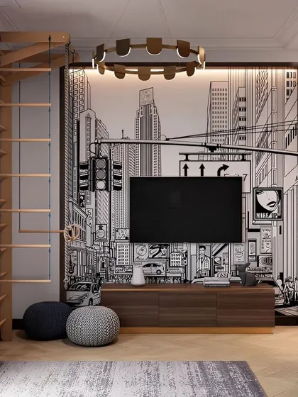 We integrate active play directly into our room designs. This space features a wall-mounted Swedish ladder for climbing, providing a fun physical outlet, alongside a stylish media unit and a custom cityscape mural for a cool, urban vibe.