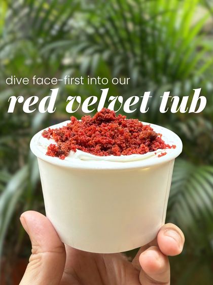 Dive face-first into our Red Velvet Tub. It's a classic for a reason, with layers of rich red velvet cake and an airy cream cheese mousse.