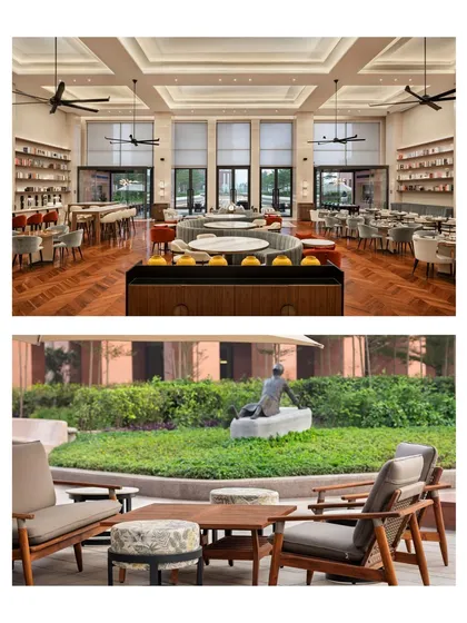 Our clubhouse designs balance grand social spaces with serene outdoor connections. The top image shows the expansive dining hall, while the bottom reveals a tranquil garden seating area, demonstrating how we create a variety of environments for both lively interaction and quiet reflection.
