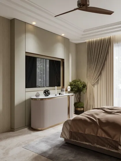 Two renders of a bedroom with a focus on elegant wall treatments and a neutral color palette. We've highlighted the geometric patterns and subtle backlighting to add depth and interest to the design.