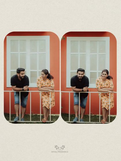 A diptych of the couple on a balcony, sharing a quiet moment and a conversation.