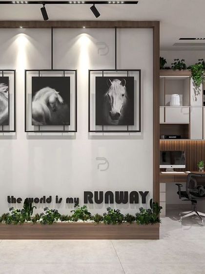 This conceptual design for an office workstation area incorporates biophilic elements and motivational wall art. The planter box and horse-themed artwork add a touch of personality and sophistication to the workspace.