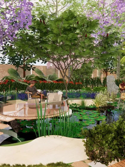 A 3D visualization of a private garden designed as a personal oasis. This render highlights a serene seating area over a koi pond, surrounded by lush foliage like Jacaranda trees, demonstrating how we conceptualize tranquil, immersive weekend getaways for our clients.