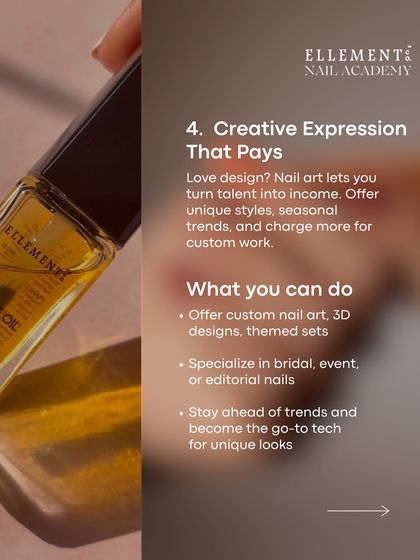 Reason 4: Creative Expression That Pays. Turn your talent for design into income by offering custom nail art, specializing in bridal or event nails, and staying ahead of trends.