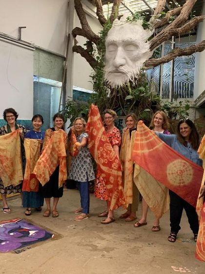 A wonderful group from the Overseas Women's Club with their finished stoles. It was a fantastic session of cultural exchange and creative exploration with natural dyes.
