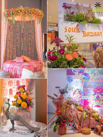 A collage of "Souk Bazaar" themed Mehendi decor, with rich colors, peacock motifs, and traditional seating.