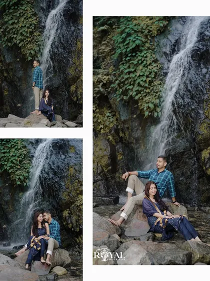 A collage of a couple posing in various spots around a waterfall, showcasing the beautiful, lush green surroundings.