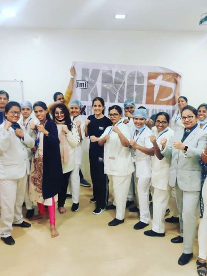 Our instructor with the medical staff of Hinduja Hospital, Khar, after a women's self-defense workshop. We are proud to empower the frontline workers who care for our communities.