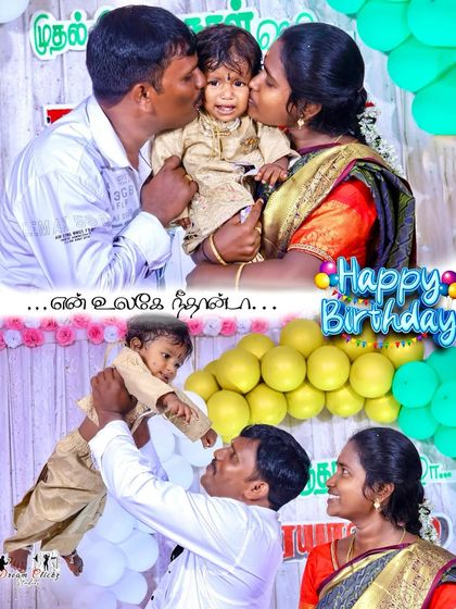 These are the moments to cherish. This collage shows a child's birthday celebration with their parents, capturing the love and joy of the family during the party.