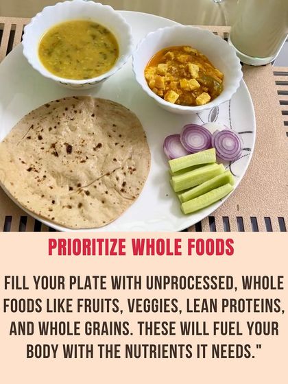 A series of tips for staying in a calorie deficit: prioritize whole foods, incorporate protein with every meal, plan and prep your meals, stay hydrated, and avoid processed sugars.