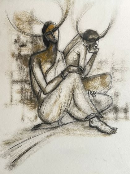 An expressive acrylic on paper drawing of two seated figures, using minimal color to create a strong emotional impact.