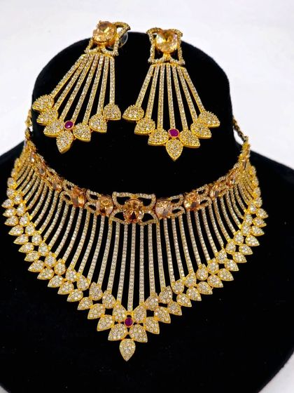 Another view of the fanned-out American Diamond choker and earring set, available for purchase at a great price.