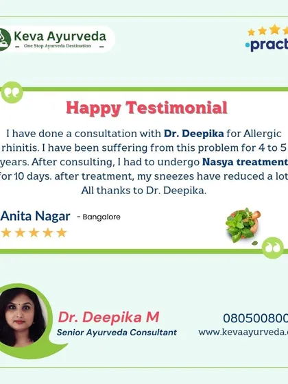 A patient suffering from Allergic Rhinitis for years found significant relief from sneezing after a 10-day Nasya treatment course with Dr. Deepika.