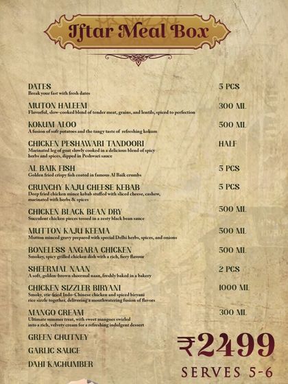 The full menu for our Iftar Meal Box, serving 5-6 people. We've included a mix of Mughlai and fusion dishes to cater to every palate.