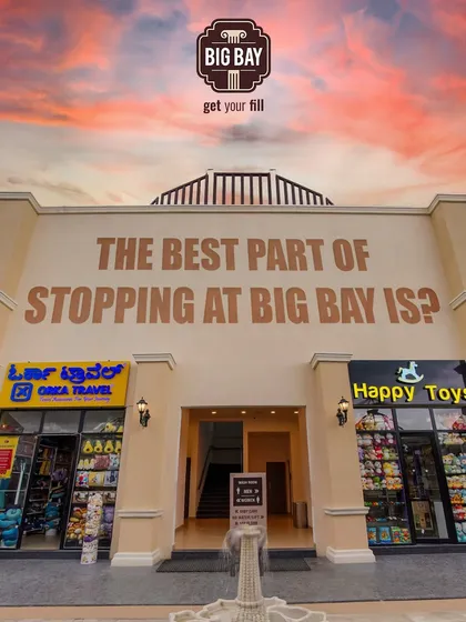 What's the best part of stopping at Big Bay? This image of our building, with a toy shop visible, invites you to think about your favorite part of the experience.