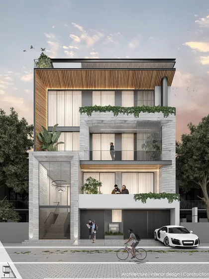 For this New Friends Colony home, we designed a minimalist façade using textured concrete, vertical fins, and warm wooden accents. The clean lines and integrated planters create a sense of calm and contemporary elegance.