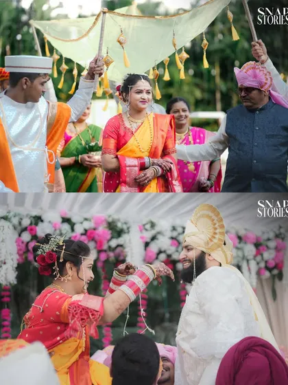 This collage captures the bride's grand entrance and the couple's interaction at the mandap. We document every significant part of the wedding ceremony, ensuring no moment is missed.