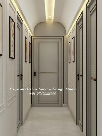 A beautifully designed hallway with elegant doors and modern art, leading to the different rooms of the house.