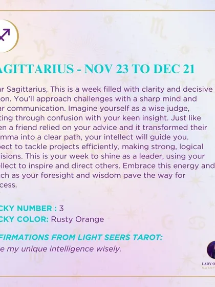A weekly tarot forecast for Sagittarius. This is a week filled with clarity and decisive action. You'll approach challenges with a sharp mind and clear communication. This is your week to shine as a leader.