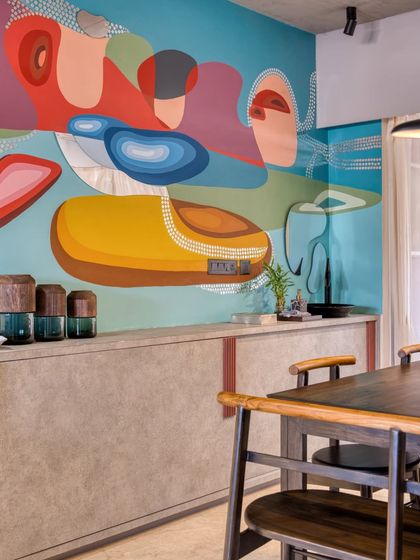 The full view of the abstract mural in the dining space.