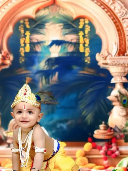 A smiling baby dressed as Little Krishna crawls through a beautifully decorated set with temple-like arches and peacock feathers.