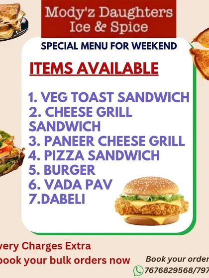 I offer a variety of classic vegetarian snacks and street food items, available on weekends and weekdays. This menu shows some of the options, including different types of sandwiches, burgers, vada pav, and dabeli, perfect for a quick meal or party orders.