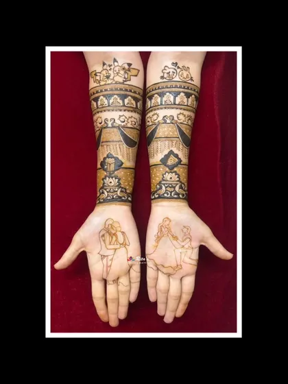 The complete design with both the portrait palms and the themed armbands. This shows how I can combine your love story with your favorite things for a truly custom bridal look.