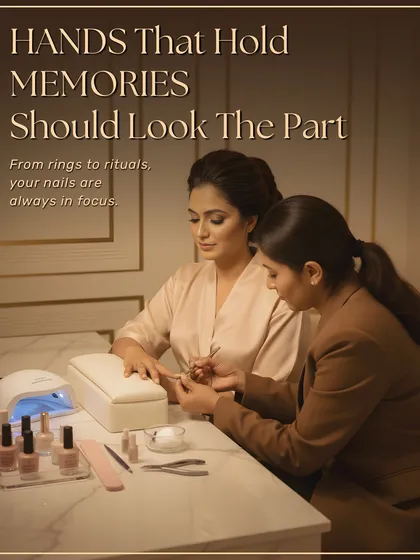 Your hands are always in focus, especially during big life moments. This image shows a bridal client receiving a meticulous manicure, part of my comprehensive Bridal Glow Plan.