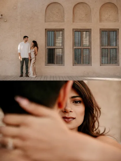 A creative composition from a Dubai engagement shoot, contrasting a wide shot of the couple with an artistic, close-up portrait.