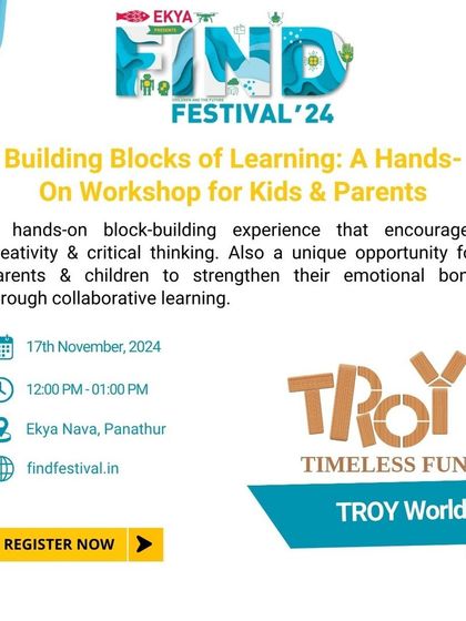 A poster for the 'Building Blocks of Learning' workshop, a hands-on experience for kids and parents to bond through collaborative play. It emphasizes creativity, critical thinking, and strengthening emotional connections.