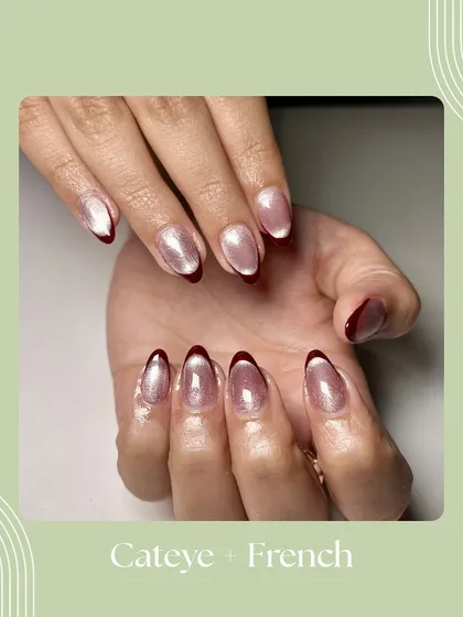 A stunning combination of two trends: cat-eye and French. The magnetic base shimmers under a deep red tip for a unique and edgy look.