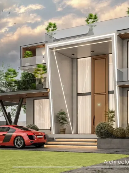 Another perspective of the Alipur farmhouse render, showing how the design provides ample outdoor living space on multiple levels.