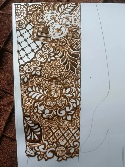 This practice sheet shows a full Dubai-style arm piece. Notice the combination of different patterns like checks, florals, and paisleys.