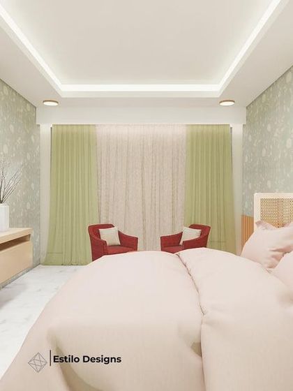 Here you can see the full layout of the modern cottage master bedroom. The design balances a feature wall with botanical wallpaper against a TV wall with clean lines and wood paneling, creating a space that is both cozy and contemporary.