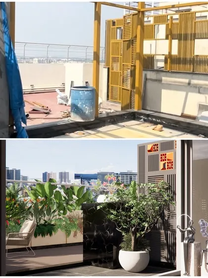 High-rise living doesn't mean sacrificing green space. We took this 27th-floor construction site and designed a luxurious penthouse garden with a private deck and planters overlooking the city.