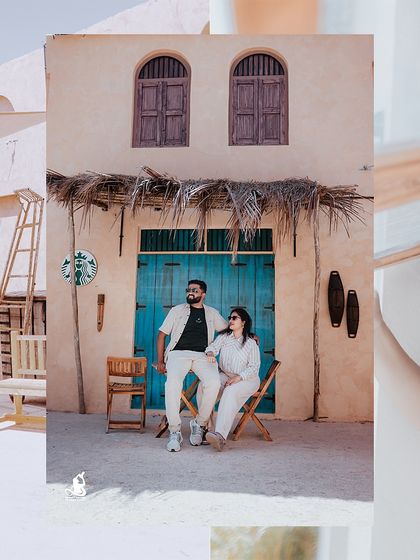 A creative collage from a pre-wedding shoot, combining a full shot of the couple with close-up, candid moments.