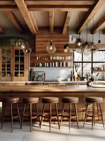 This rustic, open-kitchen concept was designed for a farm-to-table restaurant. We used exposed wooden beams, a large central island with bar seating, and warm pendant lighting to create an inviting and authentic feel, connecting diners to the food preparation process.