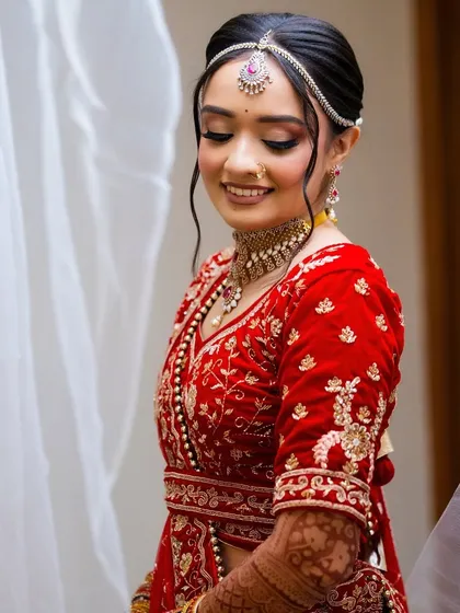 A soft and shy bridal moment. The bride looks lovely in her red velvet lehenga with a delicate diamond matha patti.
