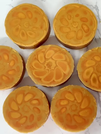 Another batch of my kaleidoscope turmeric soaps. The Ghost Swirl technique creates such subtle, magical shifts in shade, making each round bar unique.