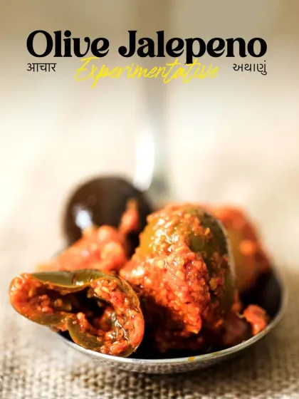 For those who love something a little different, we created this Olive Jalapeno Aachar. It's an experimental fusion where the saltiness of olives meets the heat of jalapenos, all tied together with our classic Indian pickling spices.