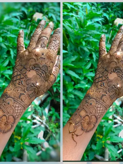 A side-by-side comparison of a full floral design, showing the symmetry and flow of the pattern across both hands.