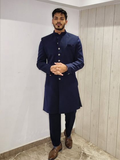 Another pose in the Navy Blue Nawabi kurta, showing its sharp silhouette and tailored fit.