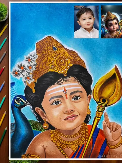 Here is a great example of my custom deity portrait service. I transformed a child's photo into this vibrant artwork of Lord Murugan, complete with his peacock and Vel.