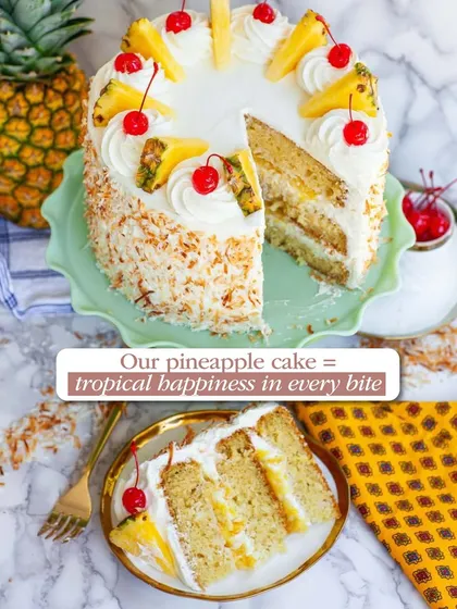 A taste of tropical happiness. My classic pineapple cake is moist, creamy, and topped with juicy pineapple slices and cherries.