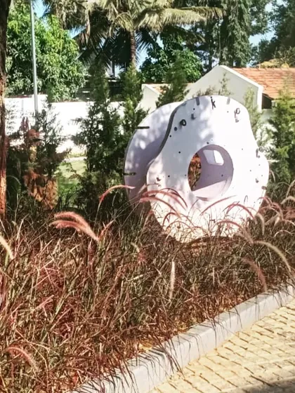 I believe in finding beauty in unexpected places. This sculpture was created from waste material found on-site at an industrial project, transformed into a unique art piece nestled among ornamental grasses.