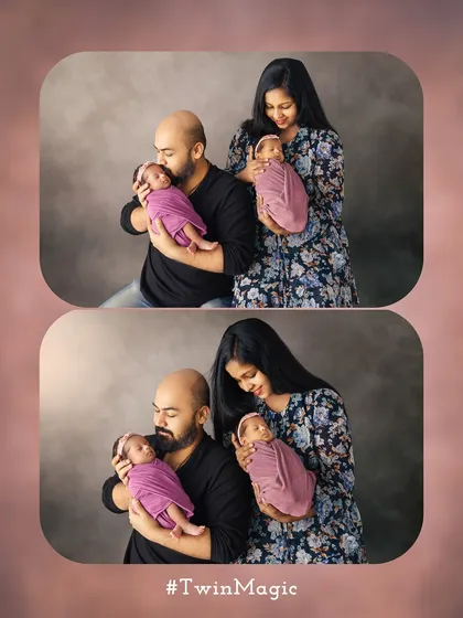 A collage celebrating twin magic, showing the proud parents holding their two beautiful newborn babies.